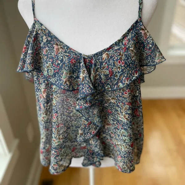 Vintage Y2K About A Girl Y2K Sheer Navy Floral Crop Ruffle Cami Tank Top Medium - Image 6