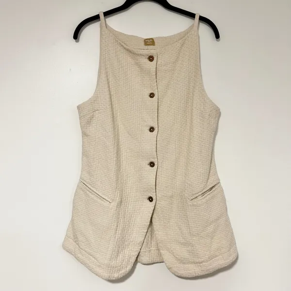 Free‎ People Free-Est Cream Textured Cotton Button Front Longline Vest OB2048594 - Image 5