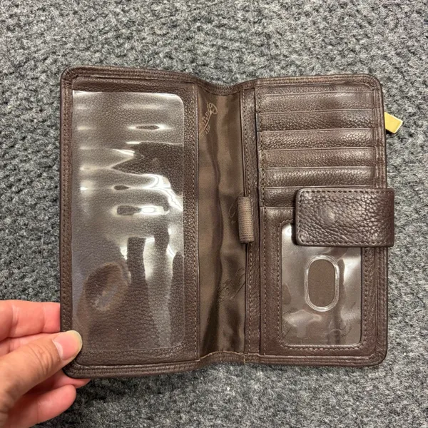 Fossil Brown Smooth Leather Bifold Clutch Wallet Snap Closure ID Window Pen Loop - Image 3