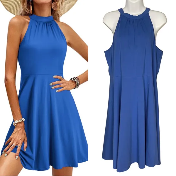 Halter Tank Sundress Blue Women Plus Size‎ XXL Stretch Cotton Sleeveless OUGES - Image 2