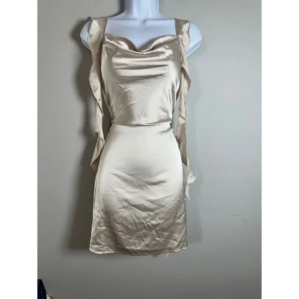 Cider Champagne Satin Cowl Neck Ruffle Mini Dress Cream Sleeveless Party S - Image 4