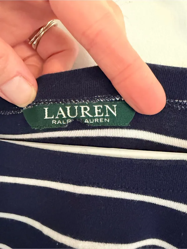 Lauren Ralph Lauren Navy White Striped Bell‎ Sleeve Boat Neck Top M - Image 2