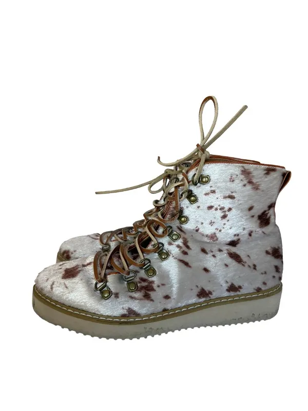Free People Vegan Leather Fur Cow Print Lace-Up Boots Booties Size 7 Women's - Image 5