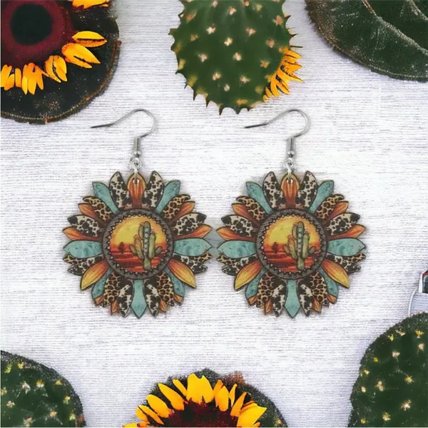 Sunflower shaped pendant drop‎ leopard pattern wooden hook earrings - Image 2