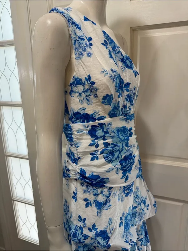 Selfie Leslie One-Shoulder Yellow Dress with Blue Floral Print Size Medium A1 - Image 9