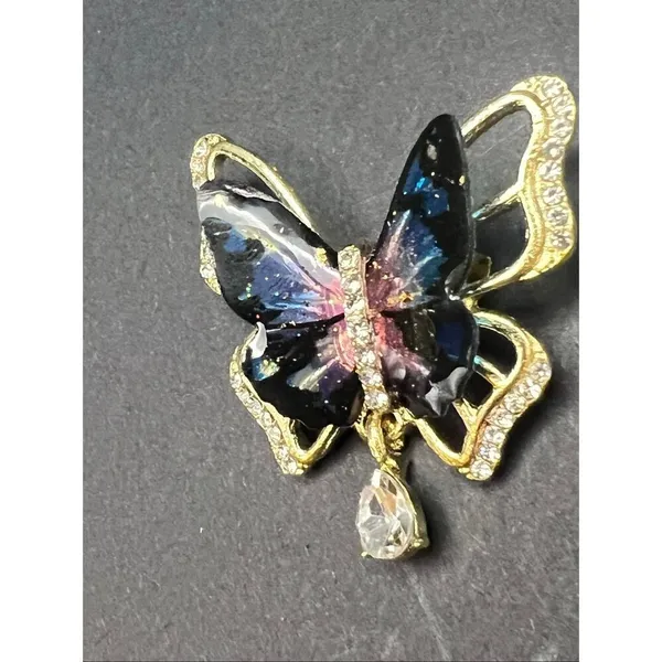 Blue Pink Glitter Resin Wings Gold Tone Rhinestone Butterfly Brooch - Image 5