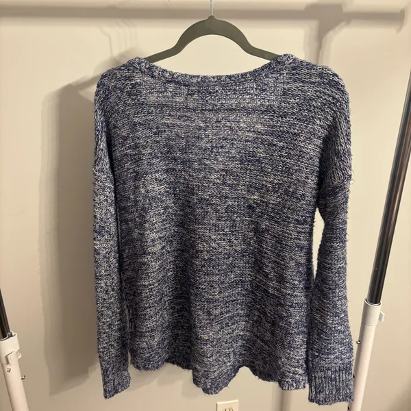 American Eagle Outfitters Blue Marled Cable Knit V-Neck Sweater - Image 6