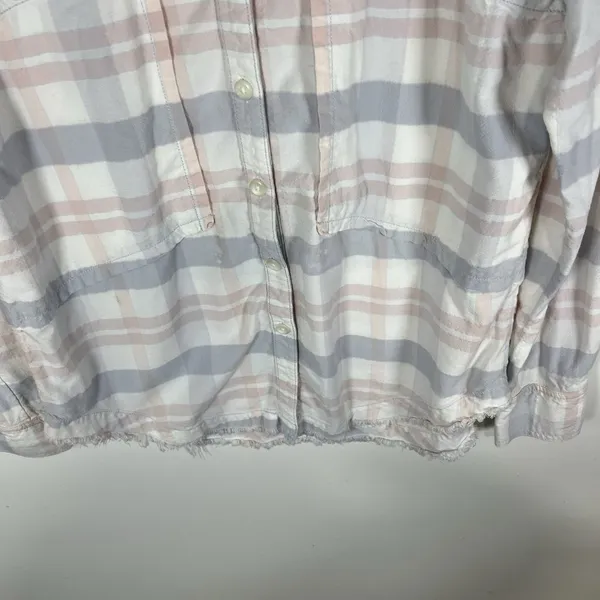 Free People LoveLand Pastel Plaid Button Down‎ Frayed Hem Boho Shirt Small - Image 3