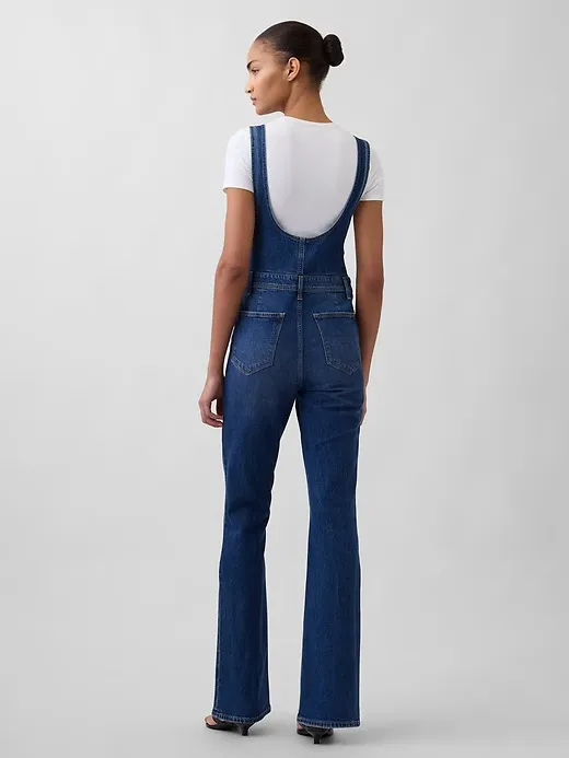 GAP long & Lean side zip dark denim bib overalls flare leg size Medium - Image 3