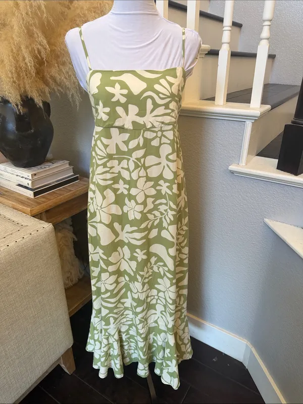 Anthropologie Paper Heart Green Sleeveless Floral MIDI Tiered Dress Size Medium - Image 3