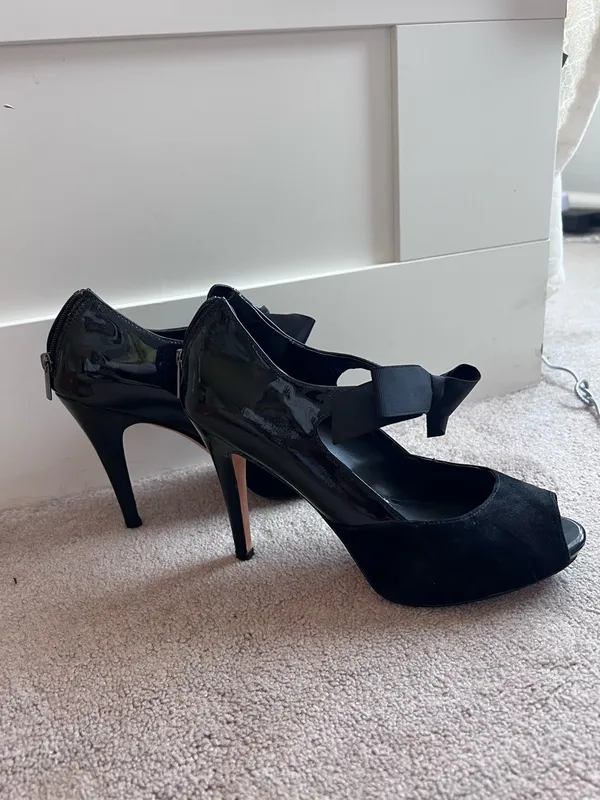 White House Black Market Black Peep-Toe Bow High Heels With Bow - Image 2