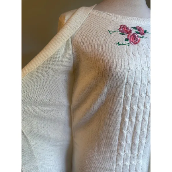 Evelyn Taylor CreamWhite Cardigan Sweater Rose embroidered dainty cottage retro - Image 2