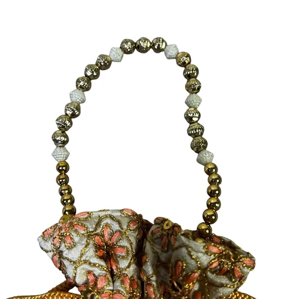 Designer Evening Clutch Beaded Handle Drawstring Pouch Bag Gold - Image 3