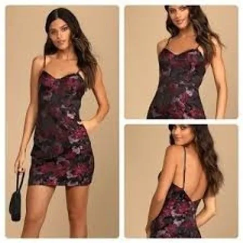 Lulus Mini Dress Womens Small Magenta Floral Jacquard Cocktail Party Bodycon‎ - Image 2