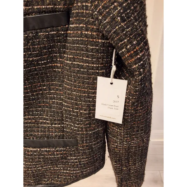 Ecru Size S Womens Zip Up Tweed Jacket with Leather Trim NWT Vintage Look - Image 3