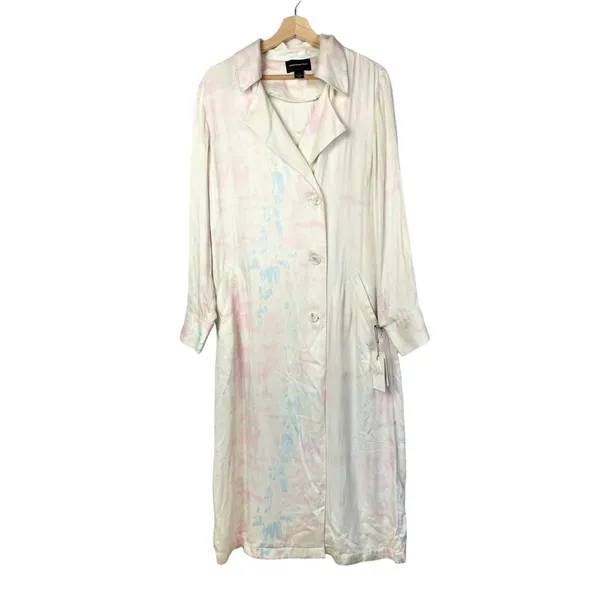 NEW‎ Something Navy Pastel Tie Dye Satin Long Trench Coat S - Image 3
