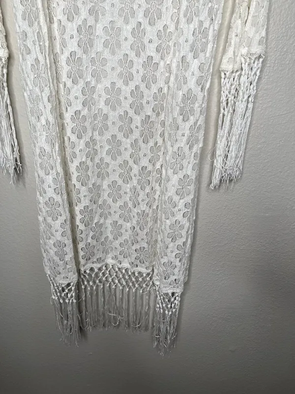 RAGA Boho White Floral Lace Open-Front Fringe Duster Cardigan Size Medium - Image 3