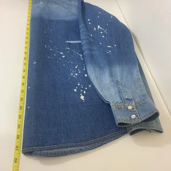 Lucky & Blessed Women's S Blue Distressed Paint Splatter Denim Western Shirt - Image 4