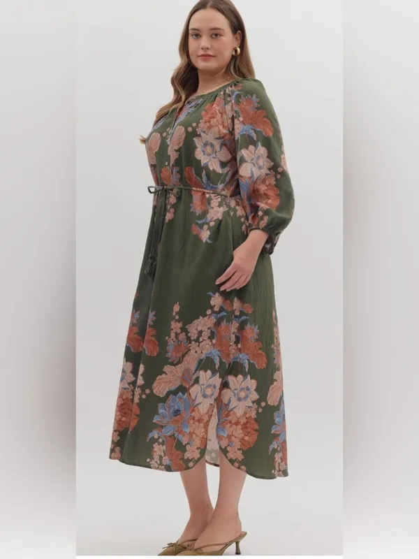 New!Entro Boutique Floral Tie-Waist Midi Dress in Olive Size 2X - Image 3