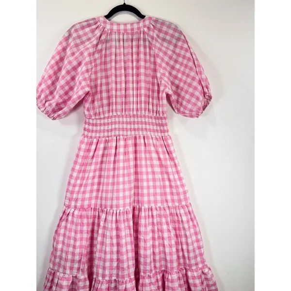 Entro Midi Dress Pink Tiered Gingham V Neck Puff Sleeve Smocked A Line Medium - Image 8