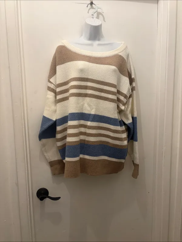 Striped Oversized Knit Sweater - Cream, Tan & Blue size XL new - Image 2