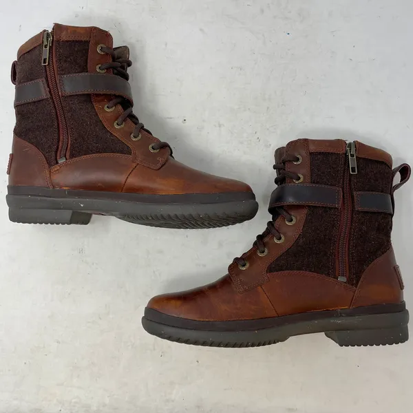 UGG Kesey Brown Leather Felt Lace Up Zip Buckle Harness Boots 6 - Image 8