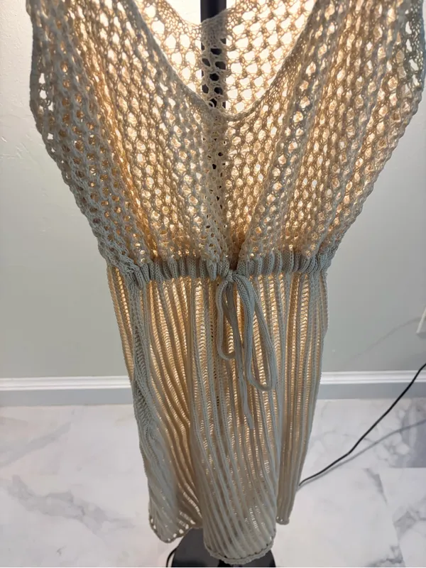 Boho Crochet Swim Cover-Up Dress in Beige - Image 3
