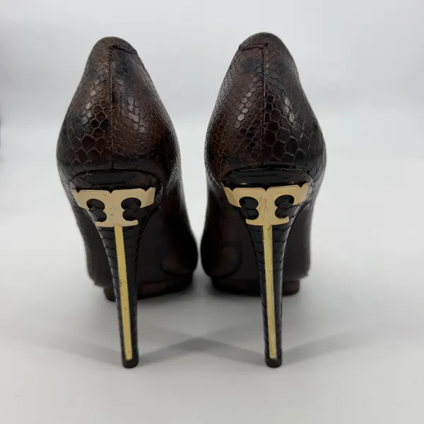 Tory Burch Brown Snakeskin Leather Platform Pumps Gold Logo Heel Size‎ 5.5M - Image 4