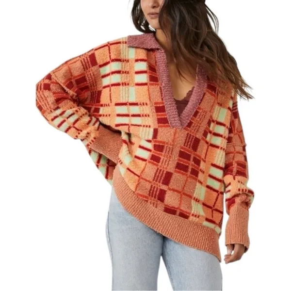 Free People Ruben Oversized Textured Plaid Collared Sweater‎ Boho Pullover M - Image 4