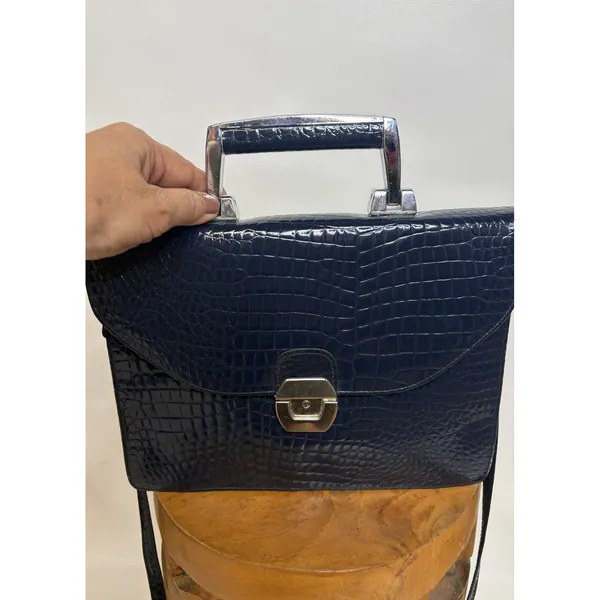 Valerie Barad Vintage Navy Blue Croc Embossed Satchel Crossbody Bag Metal Handle - Image 3