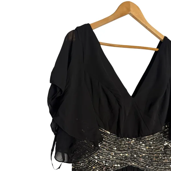 Unithorse Black Chiffon Flutter Sleeve Sequin Waist Slit Evening Formal Dress 12 - Image 4