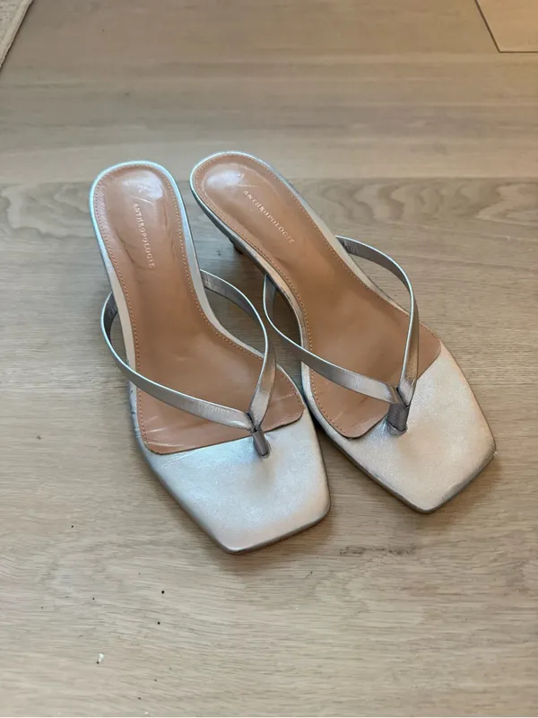 Anthropologie Silver Thong Kitten Heels - Image 4