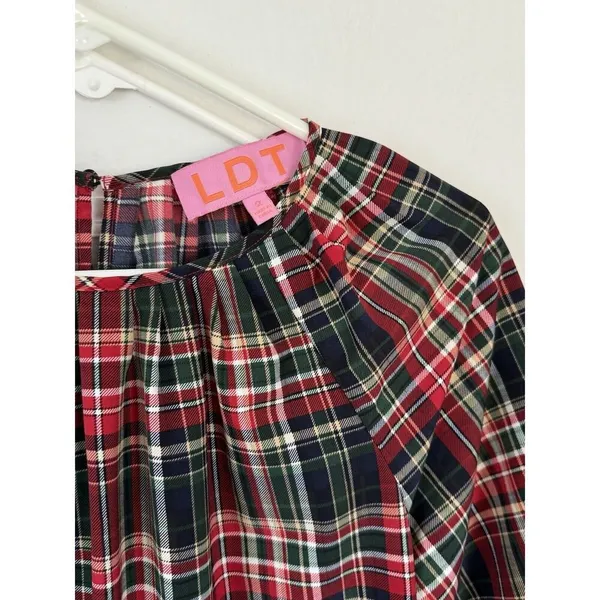 LDT Rachel Plaid Round Neck 3/4 Puff Sleeve Ruffled‎ Poof Swing Dress Size 2/S - Image 2