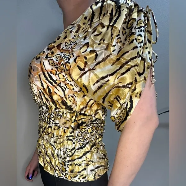Cache Vintage 1980s Gold Cheetah Print Silk Dolman‎ Blouse Cinched Waist Women S - Image 7