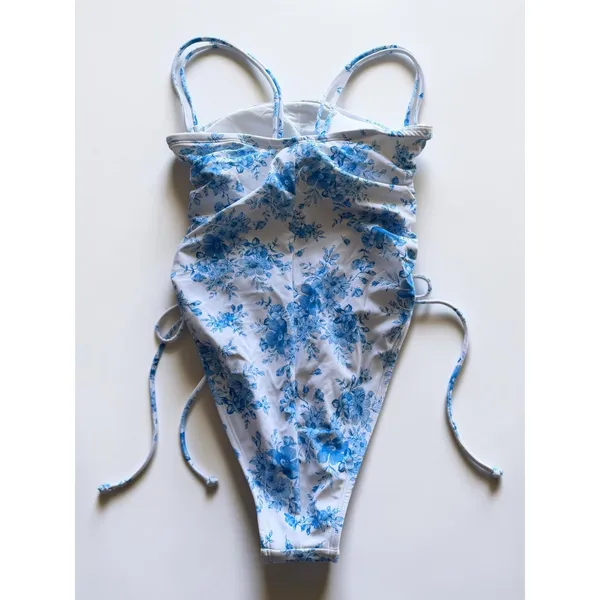 Wild Fable Blue Floral Ruched One‎ Piece Swimsuit XS NWT - Image 2
