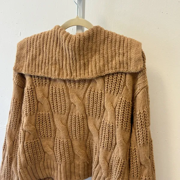 Universal Thread Brown Cable Knit Open Front Cardigan Sailor Collar Sweater - Image 5