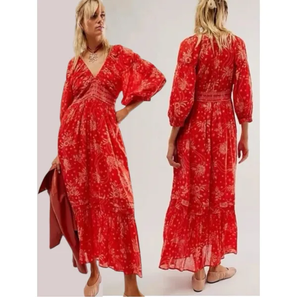 Free People Golden Hour Maxi Dress Cherry Red Small Bohemian Gypsy Floral 70s - Image 6