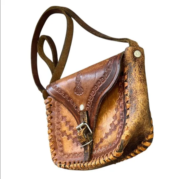 Vintage brown Tooled Leather Crossbody Bag boho retro western purse handcrafted - Image 4