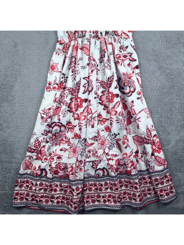 Floral V-Neck Midi Dress With Puff Sleeves & Ruffled Hem Red & White - Image 11