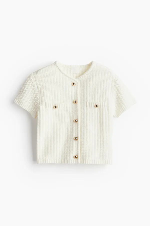 H&M Cream Textured Short-Sleeve Knit Cardigan with Gold Buttons – Size M 🤍 - Image 8