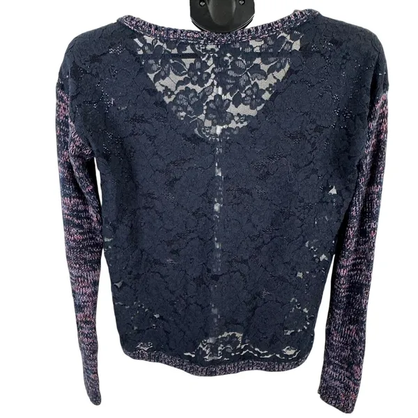 Abercrombie & Fitch Lace Back Sweater Medium Marled Pink‎ Navy V Neck - Image 2