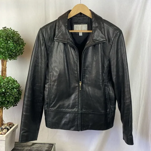 Nine West 100% Leather Black Zip Long Sleeve Jacket L - Image 2