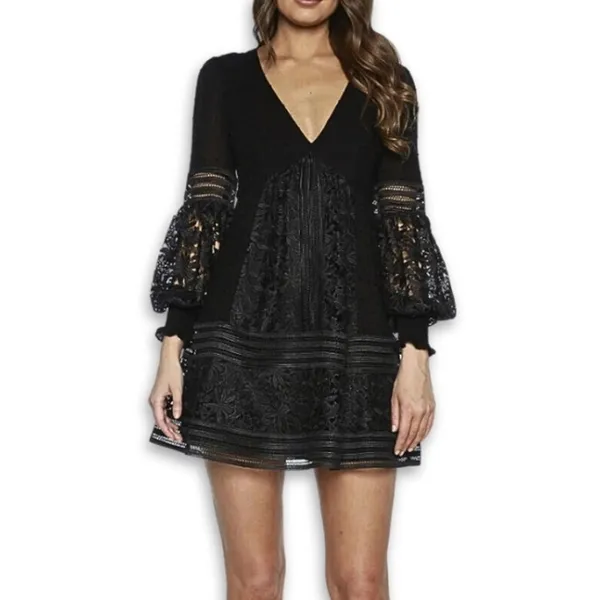 Bardot Mini Dress Black Lace Bell Sleeve V Neck Romantic Boho XS/4 NWOT Cocktail - Image 2