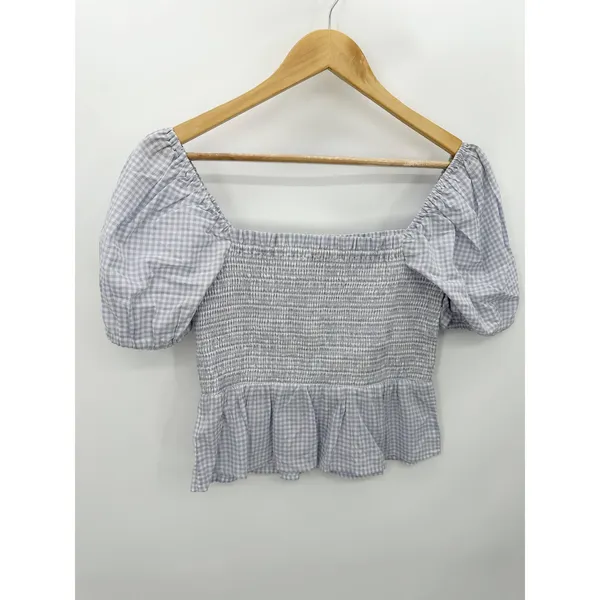 J.Crew Top Women‎ SMALL Purple White Striped Short Sleeve Smocked Cropped - Image 2