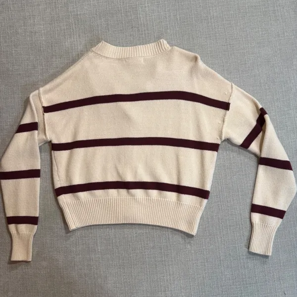 Sincerely Jules Striped Cardigan Sweater Medium Cream Burgundy Button Front Crop - Image 2