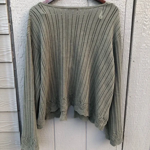 Women's Green Open Knit Tie Front Cardigan Sweater bohemian whimsical size 3X - Image 3