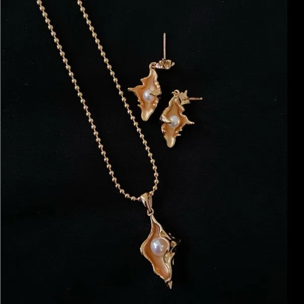 NEW Conchshell sterling silver necklace earring jewelry set 18k REAL gold plated - Image 4