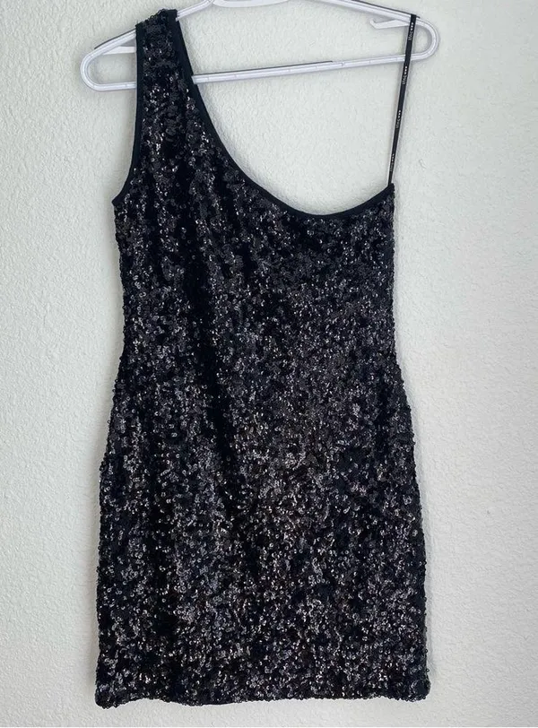 NWT one shoulder black shimmer sequin mini dress lined, size S / M - Image 6
