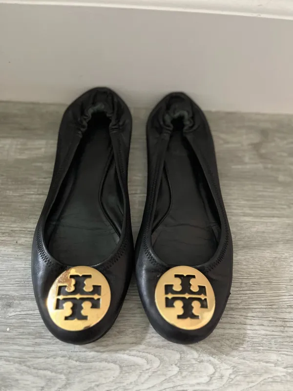 Tory Birch Black Leather Ballet Flats with Gold Accent Elasticized Back - Image 2