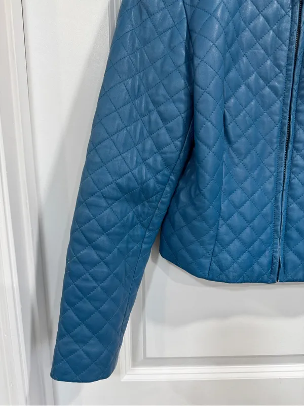 VTG Newport News Quilted Leather Jacket Size 6 Blue Collarless Zip Front - Image 7
